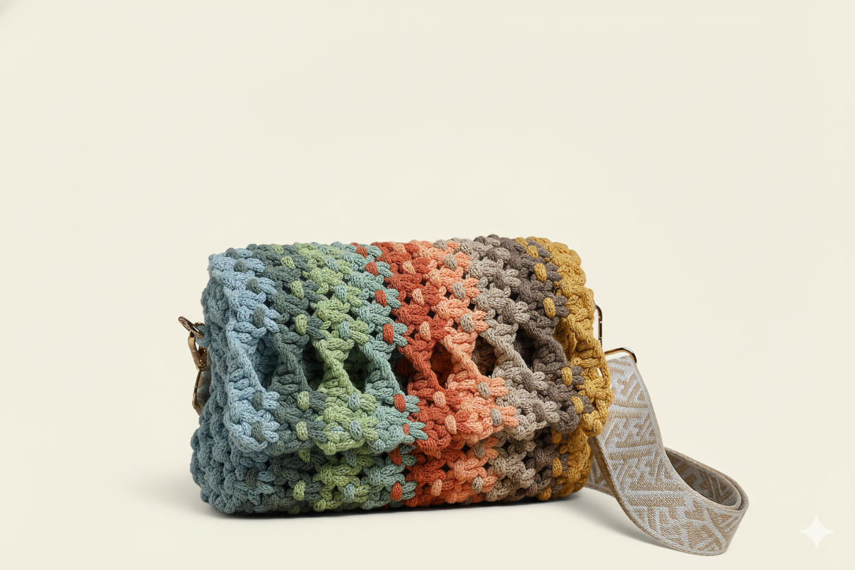 Bolso Prisma · Macramé artesanal multicolor ·