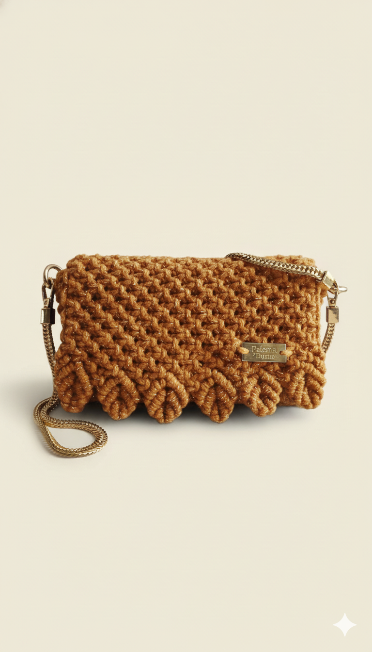 Bolso Destello  · Reflejos de elegancia en macramé con hilo dorado ·