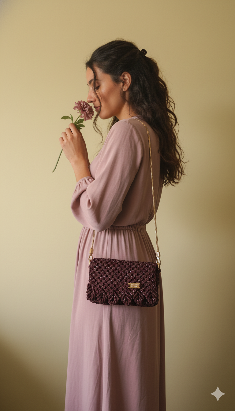 Bolso Destello  · Reflejos de elegancia en macramé con hilo dorado ·