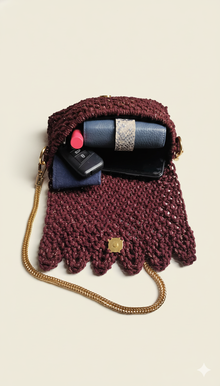 Bolso Destello  · Reflejos de elegancia en macramé con hilo dorado ·