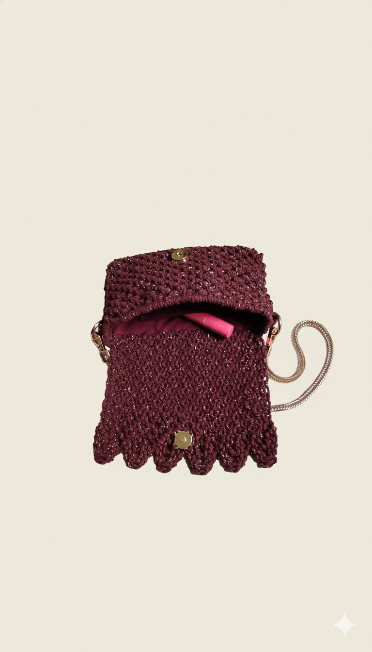 Bolso Destello  · Reflejos de elegancia en macramé con hilo dorado ·
